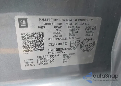 2019 GMC Sierra 1500 At4 from USA, damaged, VIN 1GTP9EED7KZ409494